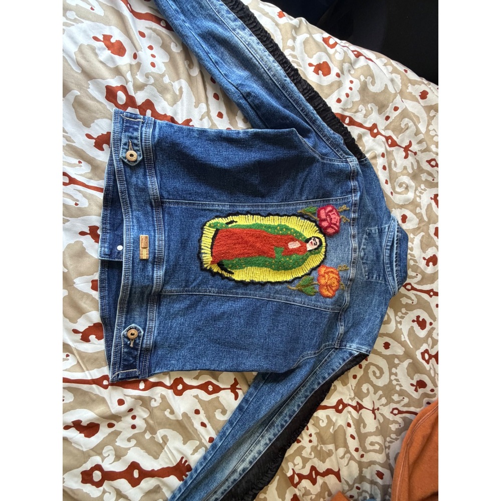 Zibella Jeans Embroidered Virgin Mary Denim Jacket Blue Lace Sleeve Women Medium - Picture 10 of 11